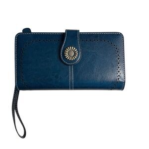 Sendefn Blue Leather Wallet, Daisy Snap Closure, Clutch Wallet